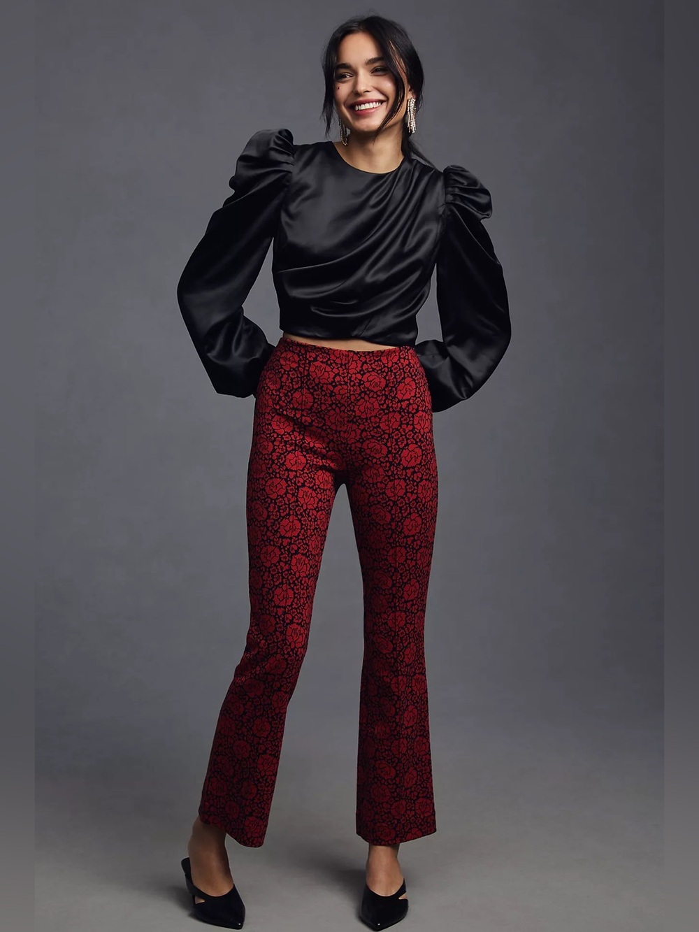 Maeve by Anthropologie The Margot Red and Black Floral Kick Flare Cropped Pants